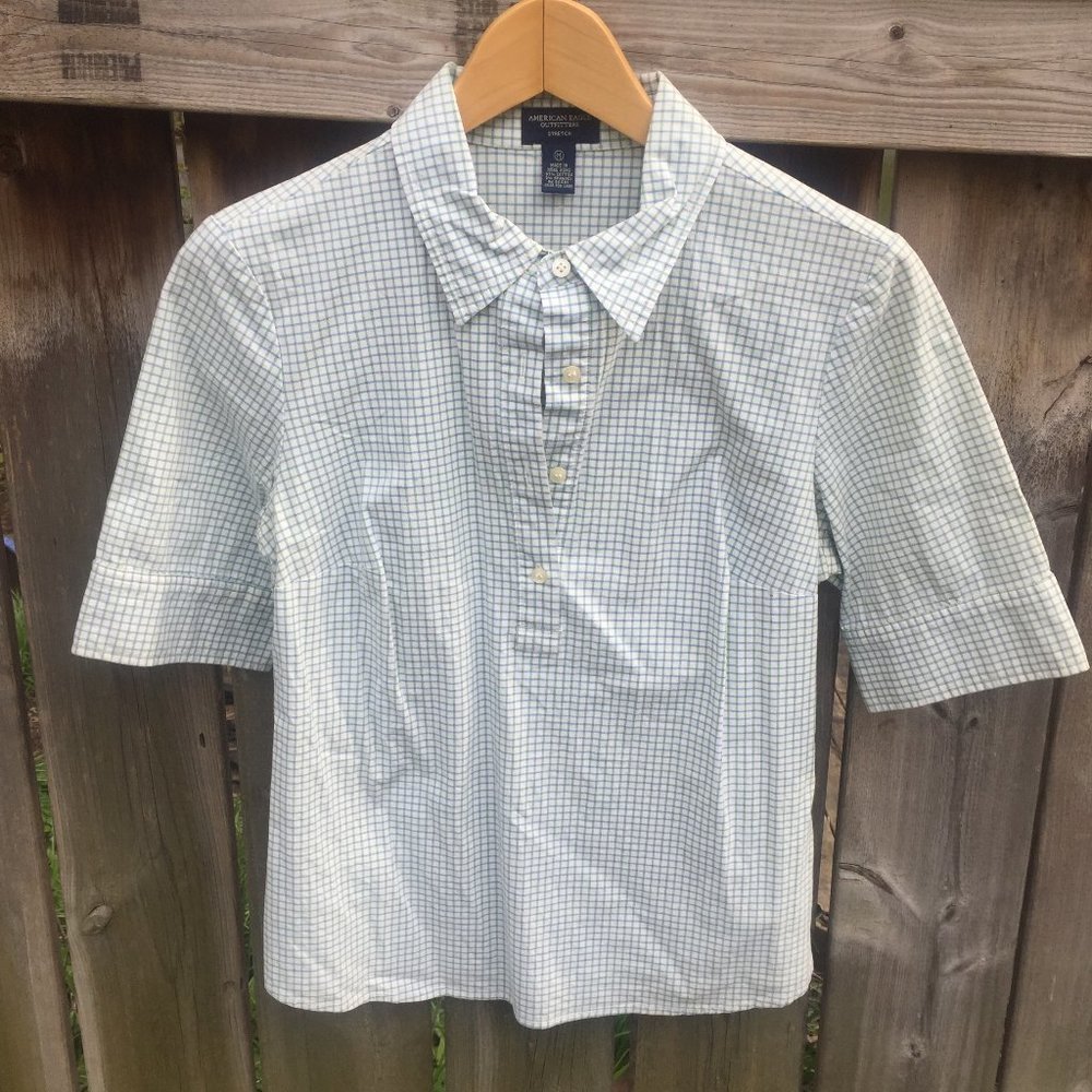 AE button popover blue & green collared cotton shirt - size M